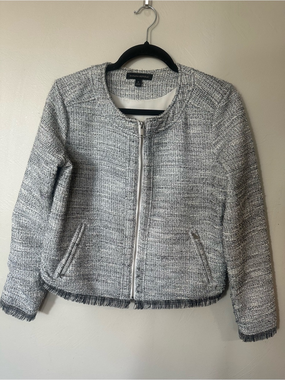 Banana Republic Gray Tweed Zip Jacket with Fringe Trim